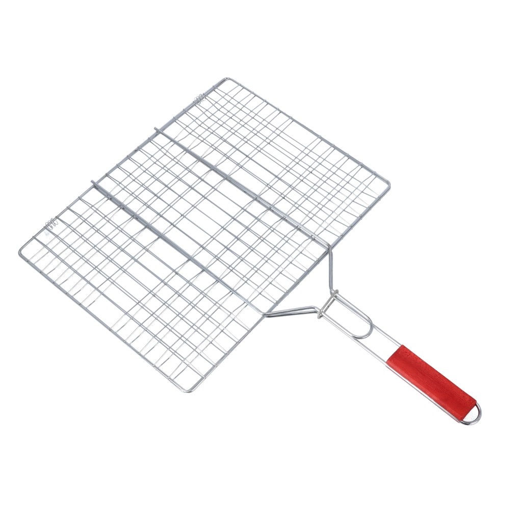 RF10372-WB-1jpg Barbeque Grill Chromium Plated Iron, Wooden Handle, RF10372 | Folding Portable BBQ Grill Basket for Fish Vegetables Shrimp with Removable Handle, Larger Grilling Area - Image 1