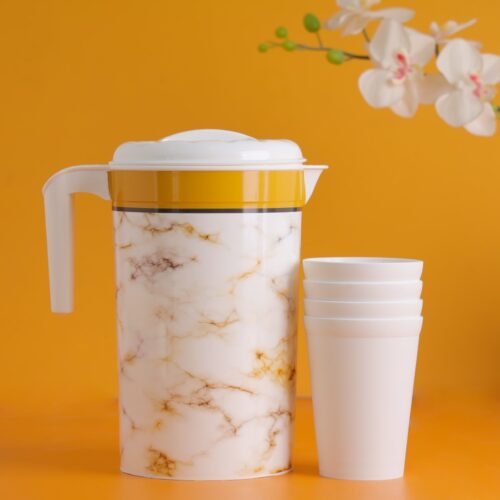 Royalford 2 L Water Jug with Glasses | RF10796 | BPA Free | Plastic Water Jug with 4 Glasses| Stylish Design, Unbreakable Water Jug for Juices, Squashes, Milk| Jug with Plastic Lid| Food Grade | Top Rack Dishwasher Safe| Freezer Friendly| Gold and White| Set of One Jug and 4 Glasses - Image 5