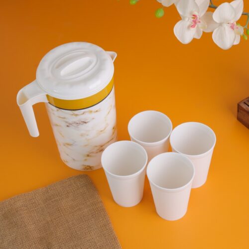 Royalford 2 L Water Jug with Glasses | RF10796 | BPA Free | Plastic Water Jug with 4 Glasses| Stylish Design, Unbreakable Water Jug for Juices, Squashes, Milk| Jug with Plastic Lid| Food Grade | Top Rack Dishwasher Safe| Freezer Friendly| Gold and White| Set of One Jug and 4 Glasses - Image 6