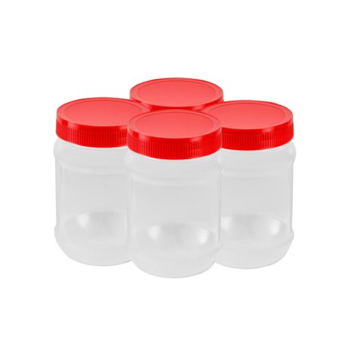 Royalford Round Airtight PET Jar, RF11225, 1000ml | Set of 4 | Transparent Jar for Pulses, Cereals and Spices| For Kitchen Organization| PET Canister| Kitchen Accessories| Leak-Proof Lid| Clear| Premium Quality