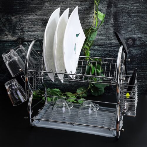 2 -Tier Stainless Steel Dish Drainer Rack – Utensil Holder, Drying Rack, with Plastic Trays & Organization Shelf – Compact, Durable & Easy to Assemble - Image 4