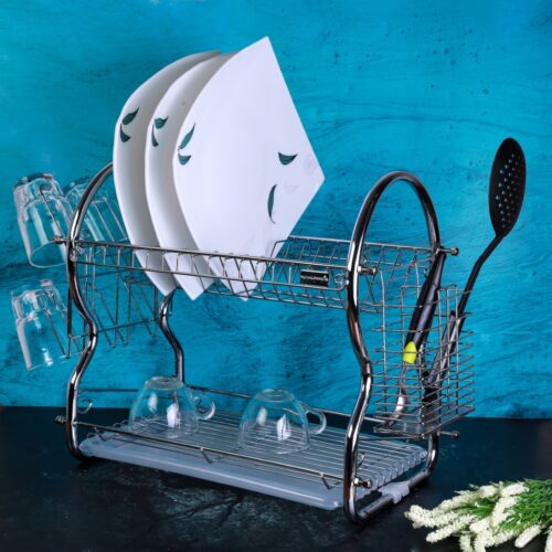 2 -Tier Stainless Steel Dish Drainer Rack – Utensil Holder, Drying Rack, with Plastic Trays & Organization Shelf – Compact, Durable & Easy to Assemble - Image 5