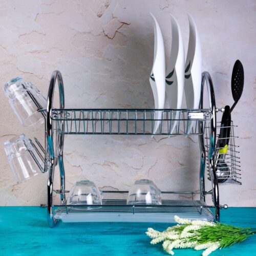 2 -Tier Stainless Steel Dish Drainer Rack – Utensil Holder, Drying Rack, with Plastic Trays & Organization Shelf – Compact, Durable & Easy to Assemble - Image 6