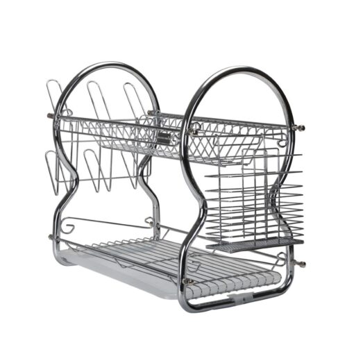 2 -Tier Stainless Steel Dish Drainer Rack – Utensil Holder, Drying Rack, with Plastic Trays & Organization Shelf – Compact, Durable & Easy to Assemble