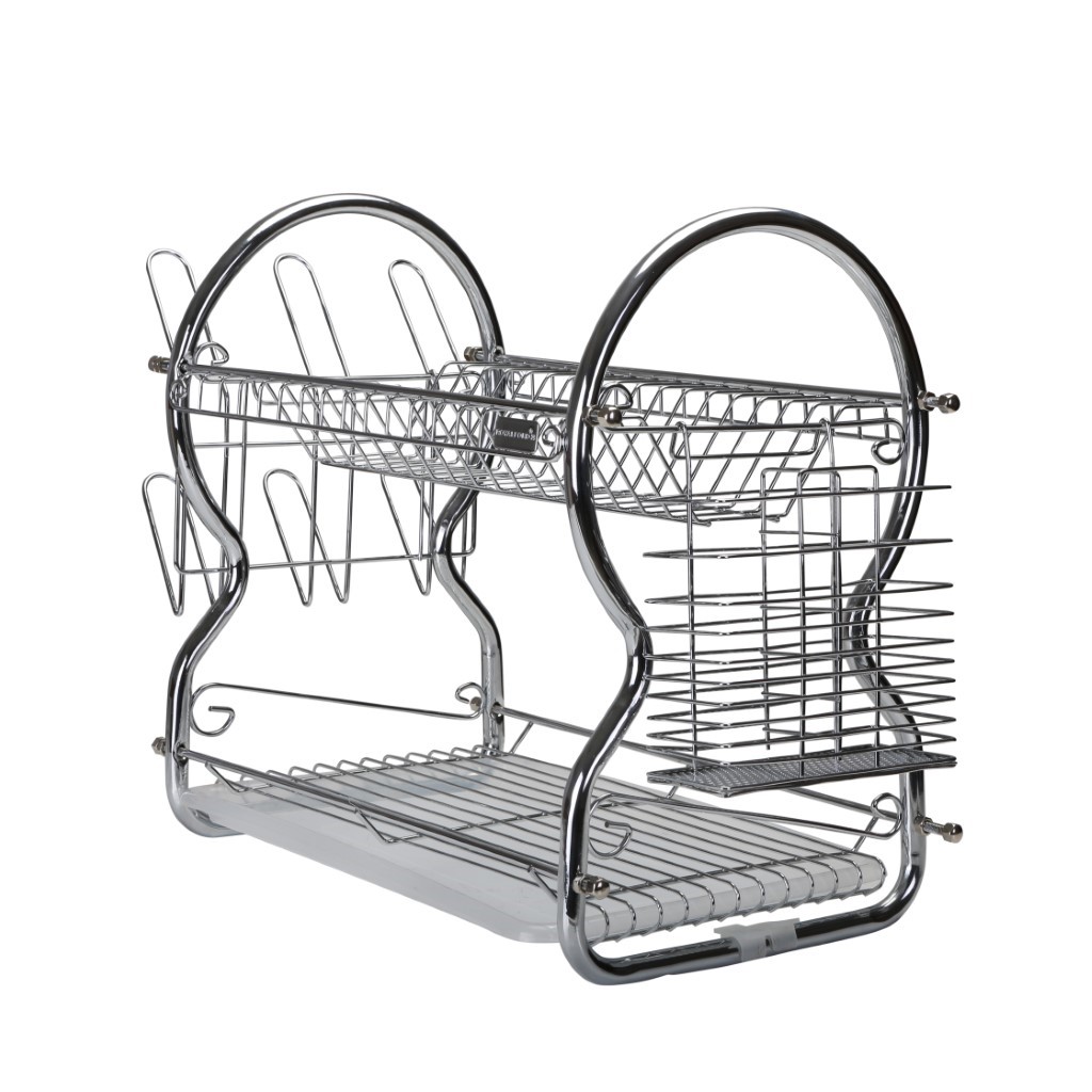 RF1150DR-WB-1jpg 2 -Tier Stainless Steel Dish Drainer Rack – Utensil Holder, Drying Rack, with Plastic Trays & Organization Shelf – Compact, Durable & Easy to Assemble - Image 1