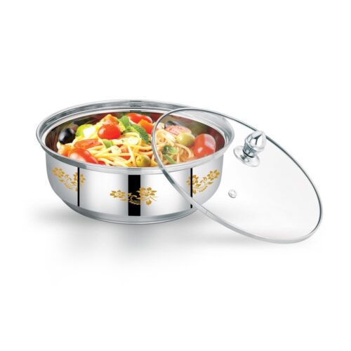 Royalford 16 CM Zaika Stainless Steel Serving Bowl with Glass Lid- RF11609| Premium-Quality Stainless steel, Light-Weight and Food-Grade Bowl with Elegant Golden Print| Perfect for Serving Soups, Salads, Curry| Includes a Tempered Glass Lid| Silver