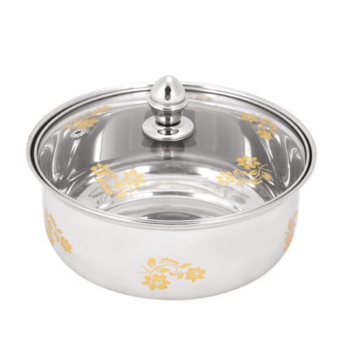 Royalford 16 CM Zaika Stainless Steel Serving Bowl with Glass Lid- RF11609| Premium-Quality Stainless steel, Light-Weight and Food-Grade Bowl with Elegant Golden Print| Perfect for Serving Soups, Salads, Curry| Includes a Tempered Glass Lid| Silver - Image 2