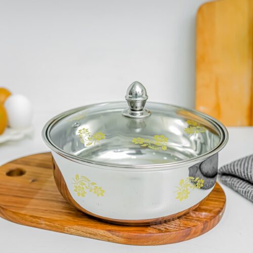Royalford 20 CM Zaika Stainless Steel Serving Bowl with Glass Lid- RF11611| Premium-Quality Stainless steel, Light-Weight and Food-Grade Bowl with Elegant Golden Print| Perfect for Serving Soups, Salads, Curry| Includes a Tempered Glass Lid| Silver - Image 3