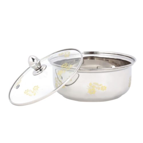 Royalford 20 CM Zaika Stainless Steel Serving Bowl with Glass Lid- RF11611| Premium-Quality Stainless steel, Light-Weight and Food-Grade Bowl with Elegant Golden Print| Perfect for Serving Soups, Salads, Curry| Includes a Tempered Glass Lid| Silver - Image 2