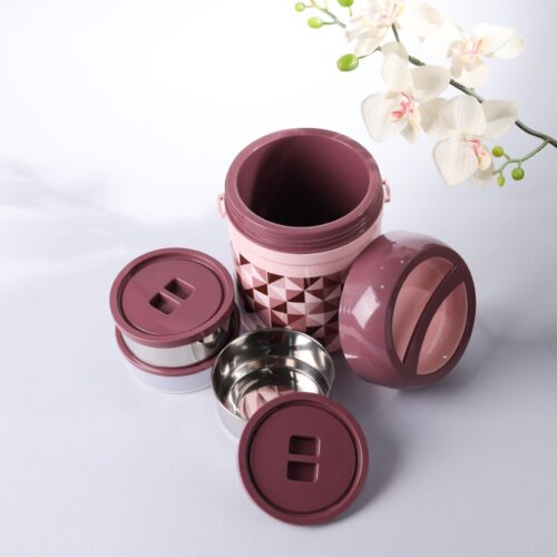 Royalford 800 ML Wonder Meal Lunch Box With 3 Containers- RF11694| Round Boxes With Stainless Steel Inner And Super PU Insulation| Premium-Quality, 100% Food-Grade, BPA-Free, Airtight Container To Keep Food Fresh| Built-In Rubber Ring, High Heat Retaining Capacity| Compact, Portable Design| Blue - Image 3