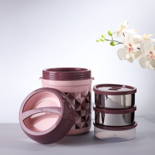 Royalford 800 ML Wonder Meal Lunch Box With 3 Containers- RF11694| Round Boxes With Stainless Steel Inner And Super PU Insulation| Premium-Quality, 100% Food-Grade, BPA-Free, Airtight Container To Keep Food Fresh| Built-In Rubber Ring, High Heat Retaining Capacity| Compact, Portable Design| Blue - Image 4