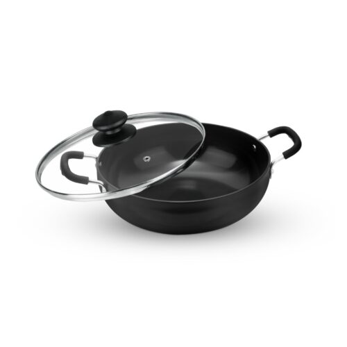Royalford 20 CM Hard Anodized Deep Kadai- RF11703| Perfect for Sauting, Frying, Stir Frying, Etc| Equipped With A Tempered Glass Lid, Sturdy Handles, Kitchen Use, Versatile And Strong Aluminum Construction| Black
