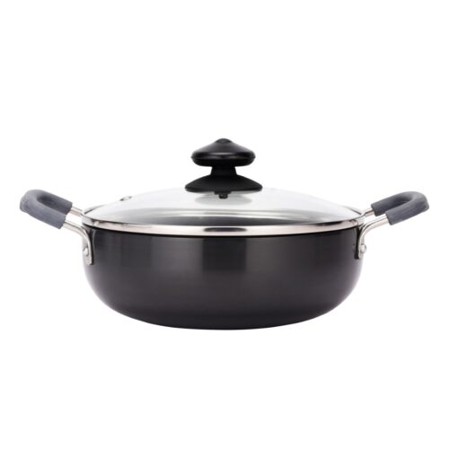 Royalford 20 CM Hard Anodized Deep Kadai- RF11703| Perfect for Sauting, Frying, Stir Frying, Etc| Equipped With A Tempered Glass Lid, Sturdy Handles, Kitchen Use, Versatile And Strong Aluminum Construction| Black - Image 2