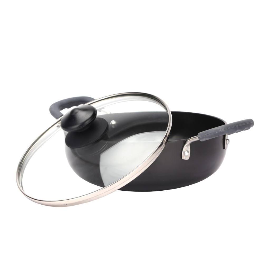RF11704-WB-2jpg Royalford 24 CM Hard Anodized Deep Kadai- RF11704| Perfect for Sauting, Frying, Stir Frying, Etc| Equipped With A Tempered Glass Lid, Sturdy Handles, Kitchen Use, Versatile And Strong Aluminum Construction| Black - Image 1