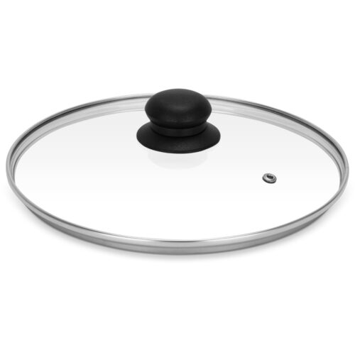 Royalford 28 CM Tempered Glass Lid With Bakelite Knob- RF11727| 3.8 MM Thickness, Transparent Lid With Stainless Steel Frame| Equipped With Steam Release Vent For Overflow Protection| Dishwasher Safe, Perfect For Casserole, Kadai, Pots And Pans