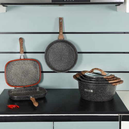 Royalford Granoware 12-Piece Cookware Set- RF11737| Die Cast Aluminum with Granite Coated Body| Induction Base, Wooden Finish Bakelite Handles and Tempered Glass Lid| Includes Casseroles, Grill pan, and Fry Pan| Blue - Image 4