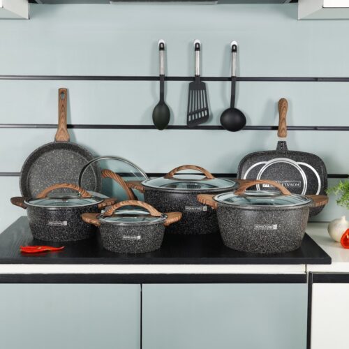 Royalford Granoware 12-Piece Cookware Set- RF11737| Die Cast Aluminum with Granite Coated Body| Induction Base, Wooden Finish Bakelite Handles and Tempered Glass Lid| Includes Casseroles, Grill pan, and Fry Pan| Blue - Image 5
