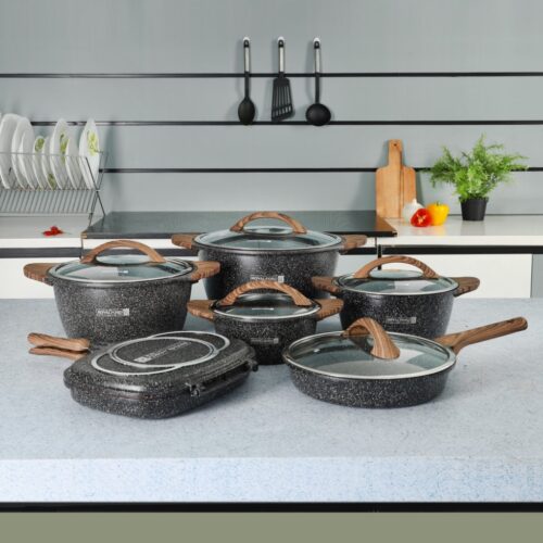 Royalford Granoware 12-Piece Cookware Set- RF11737| Die Cast Aluminum with Granite Coated Body| Induction Base, Wooden Finish Bakelite Handles and Tempered Glass Lid| Includes Casseroles, Grill pan, and Fry Pan| Blue - Image 6