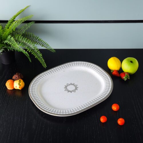 Royalford 14″ Melamineware Serving Plate- RF11815| High-Quality Food Safe Melamineware with Elegant Grey Design, Rectangular-Shaped| Perfect for Serving Rice, Noodles, Pasta, Salad| Lightweight and Premium-Quality Dinnerware| Dishwasher-Safe and Chip-Resistant| White and Grey - Image 3