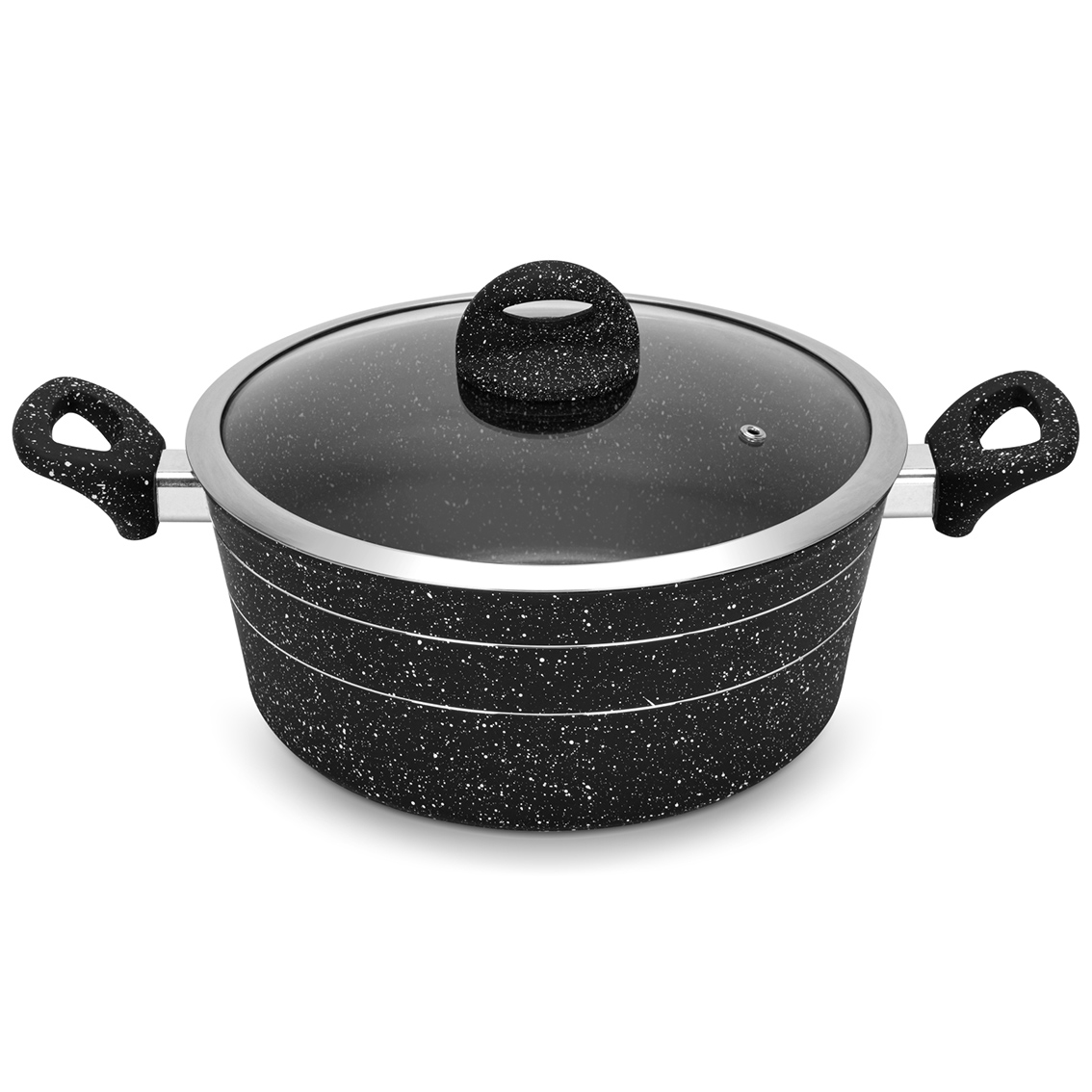 RF11867-lf-1-1jpg Royalford 28 cm Smart Granite Series Casserole- RF11867/ Forged Aluminium Cookware with Nonstick Granite Coating, Compatible with Induction, Hot Plate, Halogen, Ceramic, Gas Cooktops/ with Glass Lid and Soft Touch Handles, Perfect for Cooking Stews, Curries, Soups, Rice, Etc. / Black - Image 1