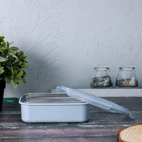 Royalford 850 ml Lunch Box- RF12187/ with Stainless Steel Inner, Spoon and Plastic Body, Rectangle Tiffin with Lid, 4 Side Locks/ Food-Grade, BPA-Free, Airtight and Leakproof Containers for Kids and Adults, to Keep Foods Fresh/ Compact and Portable Design/ Silver and Blue - Image 4