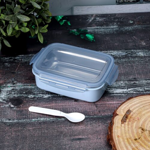 Royalford 850 ml Lunch Box- RF12187/ with Stainless Steel Inner, Spoon and Plastic Body, Rectangle Tiffin with Lid, 4 Side Locks/ Food-Grade, BPA-Free, Airtight and Leakproof Containers for Kids and Adults, to Keep Foods Fresh/ Compact and Portable Design/ Silver and Blue - Image 5