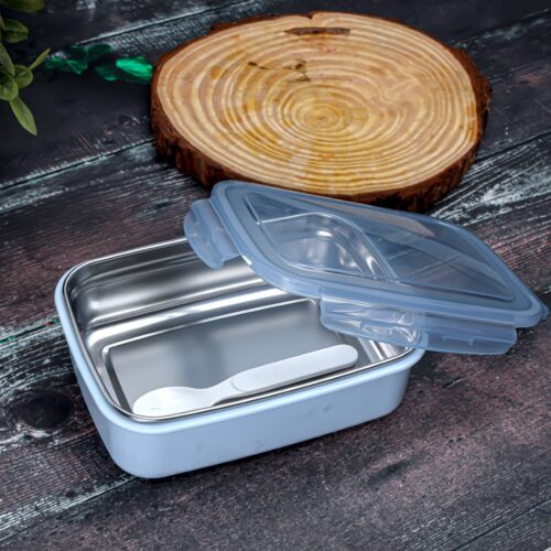 Royalford 850 ml Lunch Box- RF12187/ with Stainless Steel Inner, Spoon and Plastic Body, Rectangle Tiffin with Lid, 4 Side Locks/ Food-Grade, BPA-Free, Airtight and Leakproof Containers for Kids and Adults, to Keep Foods Fresh/ Compact and Portable Design/ Silver and Blue - Image 6
