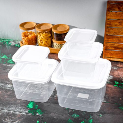 Royalford Square Plastic Food Storage Container- RF12189/ Pack of 5 Containers, 360 ml, 620 ml, 1050 ml, 1700 ml, 2750 ml/ Leakproof Box for Food, Leftover, Marinades, Dough, etc., for Kitchen Organization/ White with Transparent Body - Image 5