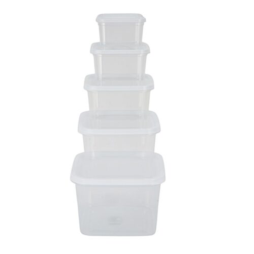 Royalford Square Plastic Food Storage Container- RF12189/ Pack of 5 Containers, 360 ml, 620 ml, 1050 ml, 1700 ml, 2750 ml/ Leakproof Box for Food, Leftover, Marinades, Dough, etc., for Kitchen Organization/ White with Transparent Body - Image 2
