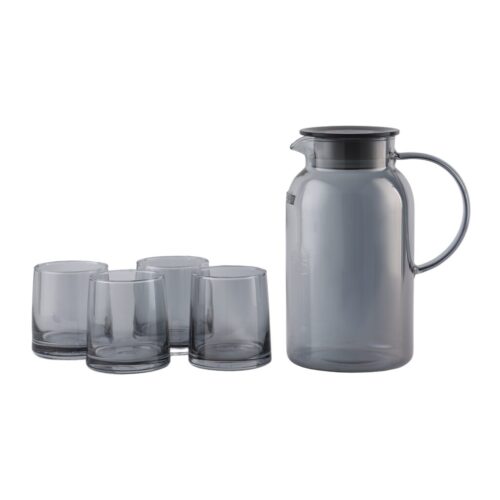 Royalford 5-Piece Water Jug and Cup Set- RF12210/ Includes 1800 ml Carafe and 4 260 ml Glasses/ with Lid, Pouring Spout, for Iced Tea, Juice, Milk, Coffee, Lemonade, Hot and Cold/ Food-Grade and Freezer Safe/ Clear