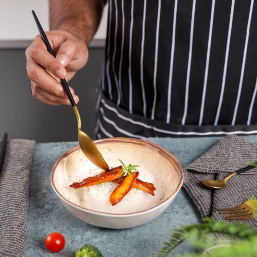 Royalford 6.4″ Fine Stone Melamineware Serving Bowl- RF12380/White Bowl with Elegant Brown Print, Non-Toxic and Hygienic/ Food-Grade Material, Dishwasher Safe/ Perfect for Serving Appetizer, Snack, Dessert, Sushi, Salad, Pasta, Fish, Rice, etc. - Image 4