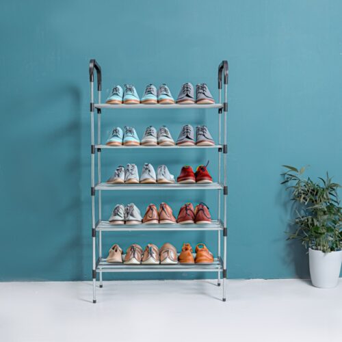 Royalford 5 Tier Shoe Rack- RF12422/ Multi-Purpose Storage Stand for Slipper, Sandals, Shoes/ Free Standing Organizer for Home, Office, Living Room and Kitchen/ Heavy-Duty, Rectangular Stand, Compact Design/ Black and Silver - Image 2