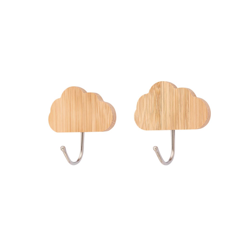 RF12493-wb-1jpg Royalford Cloud-Shaped Bamboo Sticky Hook- RF12493/ Pack of 2, Hooks for Clothes, Hats, Scarves, Kitchen Supplies, etc. for Wooden, Steel, Plastic, Glass, Tile Surfaces/ Multi-Purpose and Easy to Install/ Brown - Image 1