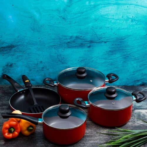 Royalford RF6082 8 Pcs Aluminum Non-Stick Cookware Set – Red – Scratch Resistant, Tempered Glass Lids, 2.5MM Body Thickness, Bakelite Knobs, and CD Bottom - Image 5