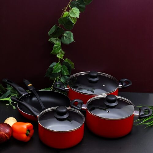 Royalford RF6082 8 Pcs Aluminum Non-Stick Cookware Set – Red – Scratch Resistant, Tempered Glass Lids, 2.5MM Body Thickness, Bakelite Knobs, and CD Bottom - Image 6