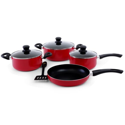 Royalford RF6082 8 Pcs Aluminum Non-Stick Cookware Set – Red – Scratch Resistant, Tempered Glass Lids, 2.5MM Body Thickness, Bakelite Knobs, and CD Bottom