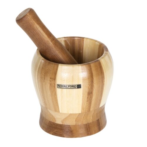 Royalford RF6108 Bamboo Grinding Bowl | Pestle & Mortar Set | Premium Bamboo | 16cm (6.3 Inch ) Diameter | Ideal for Herbs, Spices, Ginger, Garlic Grinder & Crusher | Natural Pestle & Mortar Set | Durable, Long-Lasting & Easy Cleaning