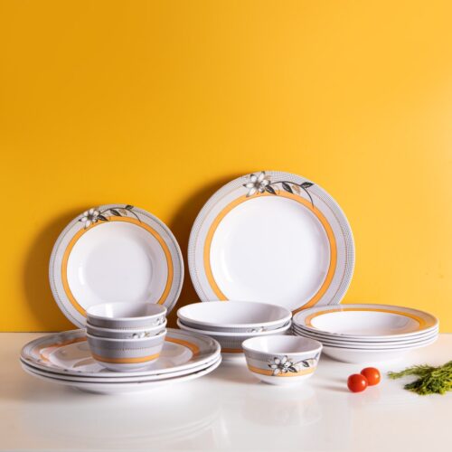Royalford 20 Piece Melamine Ware Dinner Set- RF7437| Includes Deep Plates and Round Bowls| Top-Rack Dishwasher-Safe, Freezer-Friendly and Break Resistant| Eco-Friendly and Food-Grade| White and Orange - Image 3