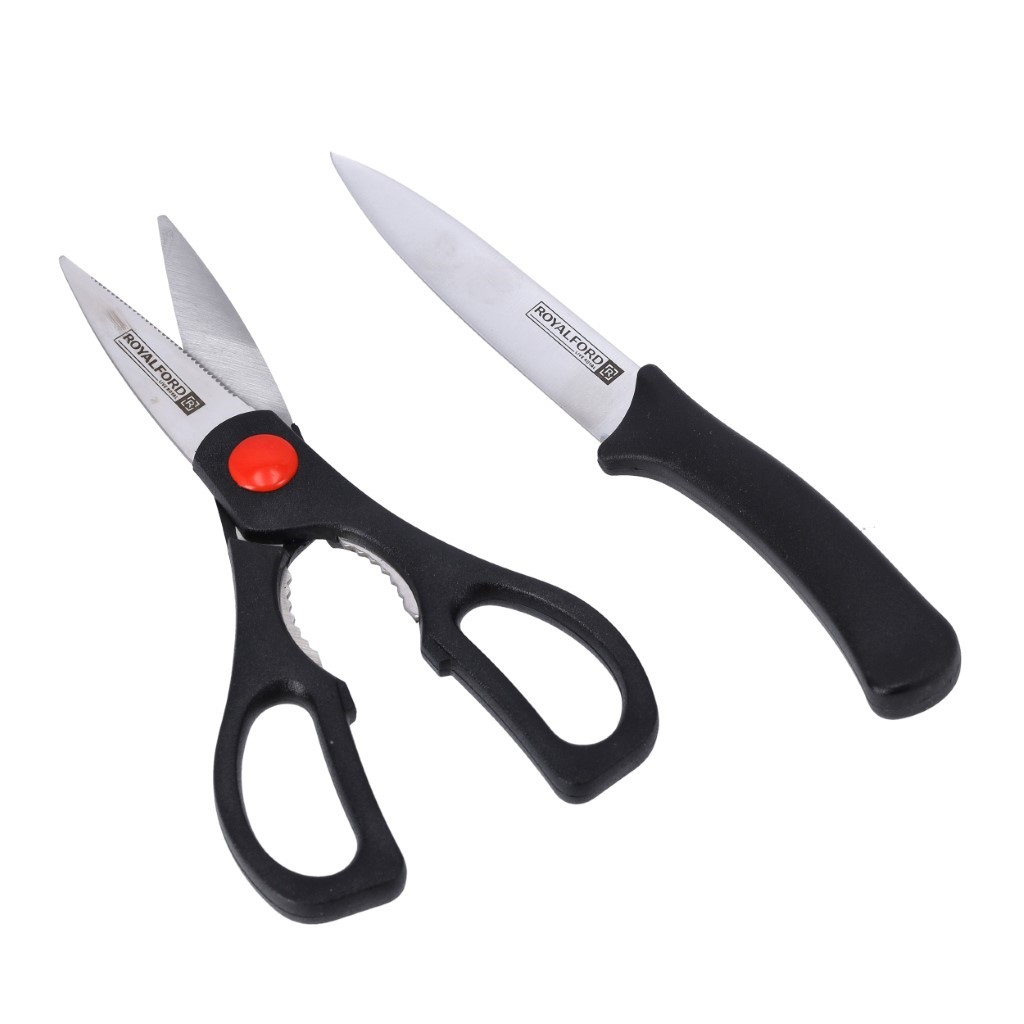 RF7857-WB-1jpg Royalford RF7857 2Pcs Utility Knife Set – Knife & Scissor with Stainless Steel Sharp Blades, Comfortable Long Handle | Ideal for Cutting Chopping the Vegetable, Fruits, Fish, Meat & More - Image 1