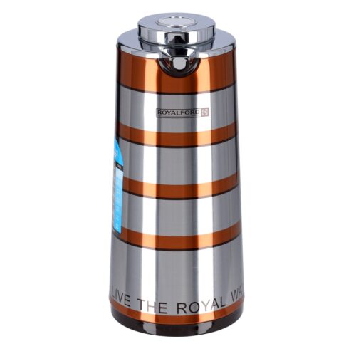 Royalford RF9587 1L Double Wall Golden Figured Vacuum Flask – Portable Heat Insulated Thermos for Keeping Hot/Cold 24 & 36 Hours Retention | Push Button |Coffee, Hot Water, Tea, Beverage | Ideal for Commercial & Outings