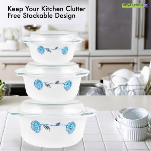 Royalford Premium 3 Pcs Opalware Casserole Set with Lids – Tempered Glass Lids, Round Deep Serving Casseroles Bowls | Microwave & Dishwasher Safe | Ideal to Store, Reheat & Serve Multiple Dishes - Image 5