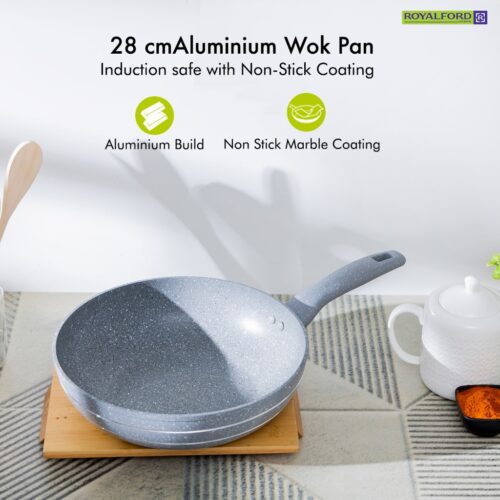 Royalford 26 CM Smart Wok Pan with Marble Coating- RF9840|Forged Aluminum Body with 3.8 MM Extra Thick Bottom| Induction Compatible and Soft Touch Handle| PFOA-Free and PTFE-Free| Blue - Image 5