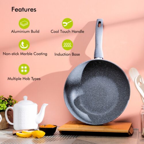 Royalford 26 CM Smart Wok Pan with Marble Coating- RF9840|Forged Aluminum Body with 3.8 MM Extra Thick Bottom| Induction Compatible and Soft Touch Handle| PFOA-Free and PTFE-Free| Blue - Image 6