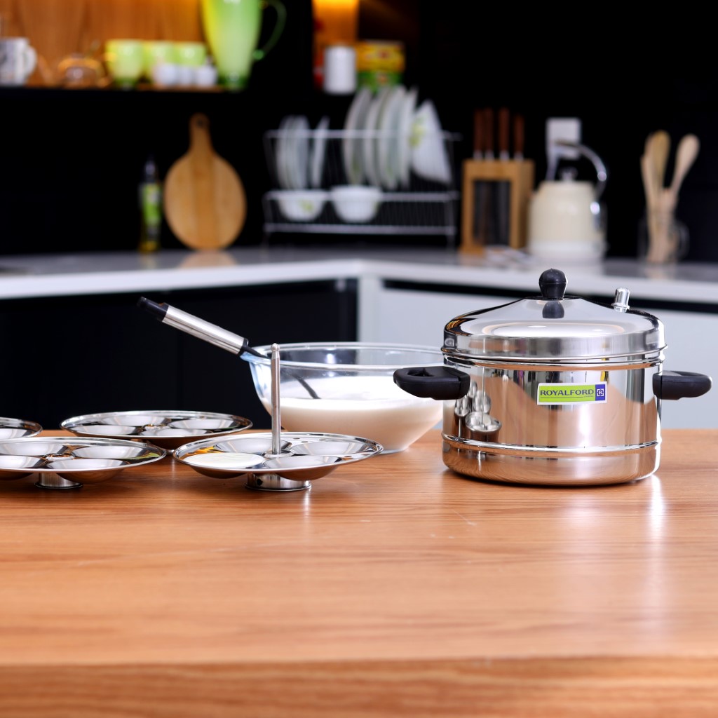 RF9977-WB-1jpg Royalford Stainless Steel Idly Cooker 4L – 4 Racks 16 Idlis, Induction Compatible & Dishwasher Safe, Food Grade Material | Heat Resistant Handle & Steam Vent | Ideal Idli, Idiyappam, Leaves & noodles - Image 1