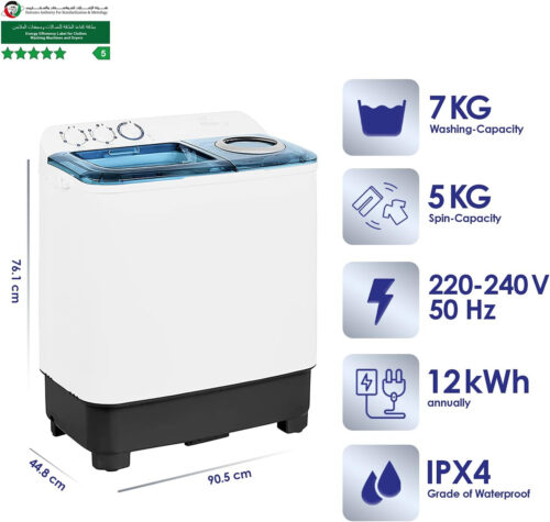Super General 7 kg Twin-tub Semi-Automatic Washing Machine, White/Blue, efficient Top-Load Washer with Lint Filter, Spin-Dry, SGW-75, 76.1 x 44.8 x 90.5 cm, 1 Year Warranty - Image 6