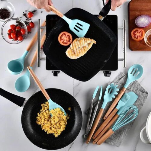 12 Pieces Silicone Kitchen Utensil Set, Heat Resistant, Wooden Handles (Blue) - Tradedubai.ae Wholesale B2B Market