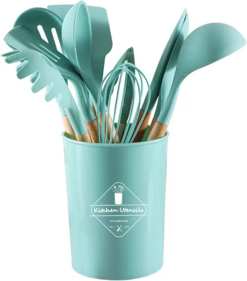 12 Pieces Silicone Kitchen Utensil Set, Heat Resistant, Wooden Handles (Blue) - Tradedubai.ae Wholesale B2B Market