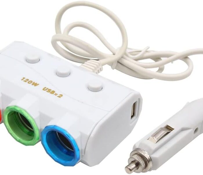 3 Way Dual USB Car Cigarette Lighter Socket Splitter Adapter - White