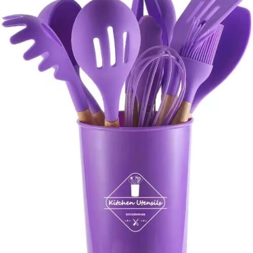 12Pcs Silicone Kitchen Utensils Set, Non-stick Barreled Cooking Utensils Set Silica Gel Utensil Wooden Handle Kitchenware Set (Purple)