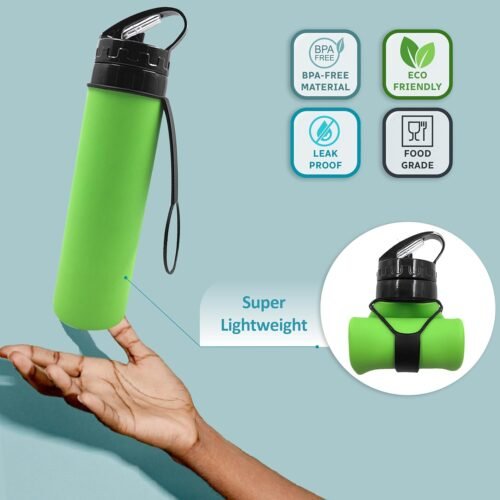 600 ml Reusable Water Bottle, Foldable Water Bottle, Flexible Collapsible Water Bottle for Hiking, Adventure, Travel, Festival (Green)